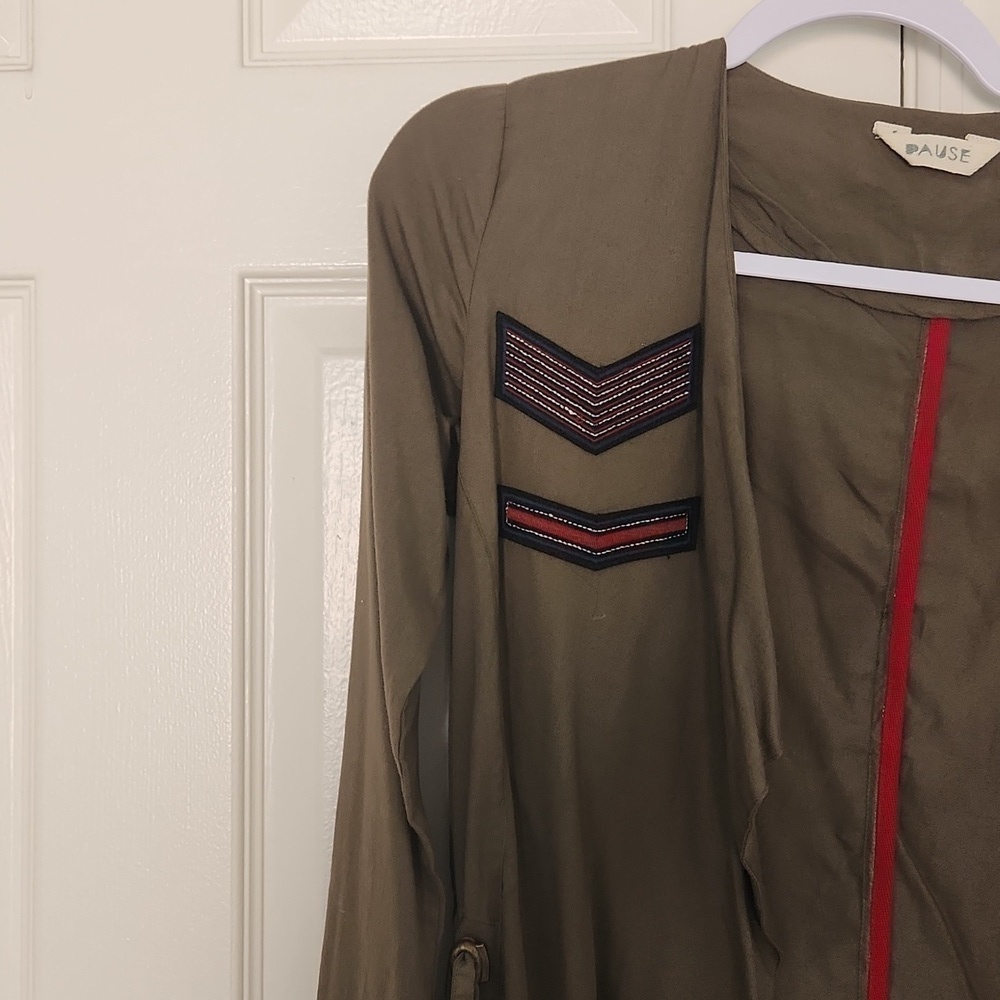 Pause Military Patch Olive Green Open Front Waterfall Jacket. Size Small